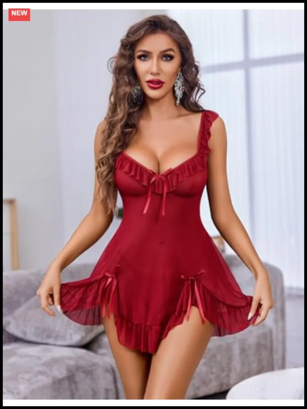 Sheer Mesh Babydoll Lingerie Dress with Thong 2 Piece V-Neck Sleeveless